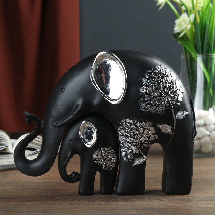 Сувенир полистоун "Чёрный слон со слонёнком" серебряный цветок (набор 2 шт) 15х19х6 см 