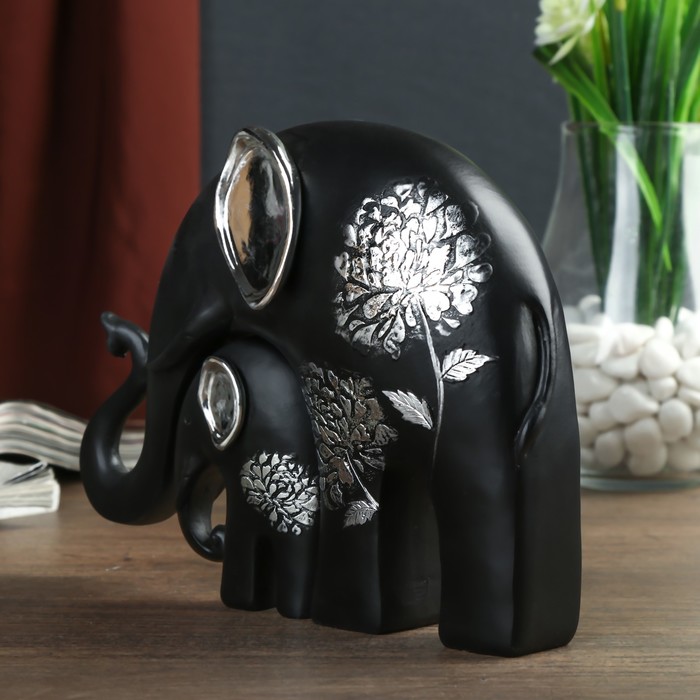 Сувенир полистоун "Чёрный слон со слонёнком" серебряный цветок (набор 2 шт) 15х19х6 см 
