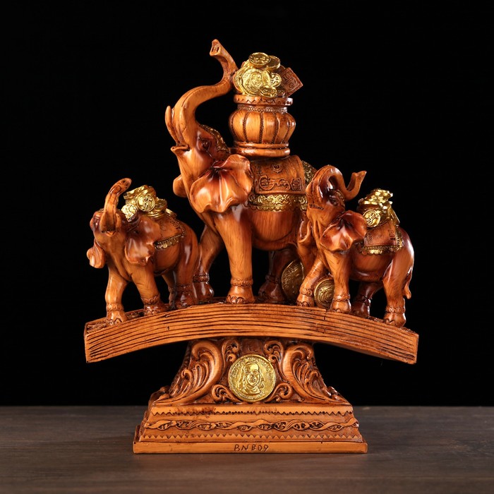 Сувенир полистоун "Три денежных слона на купюре с монетами" под дерево 24,5х19,5х7,8 см 