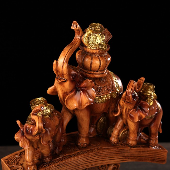 Сувенир полистоун "Три денежных слона на купюре с монетами" под дерево 24,5х19,5х7,8 см 