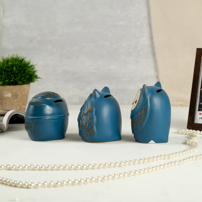 Сувенир керамика копилка "Совушки" синий матовый набор 3 шт 10х8х10 см 