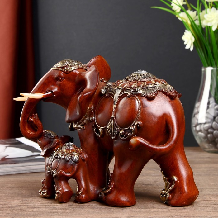 Сувенир полистоун "Слон со слонёнком в попоне со стразой" 21х16х10 см 