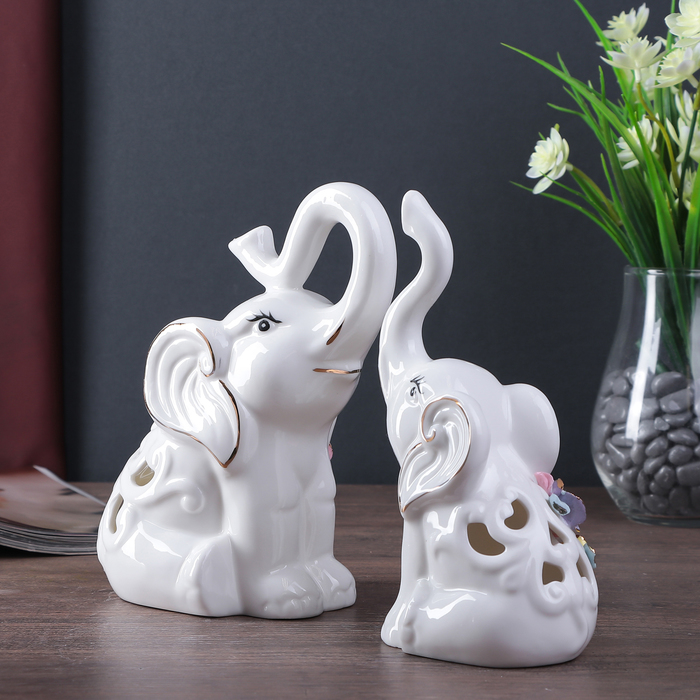 Сувенир керамика "Слоны с цветными розами" белый набор 2 шт 18,5х14х8,5 см 