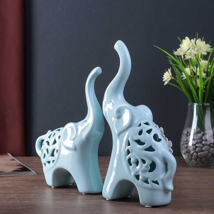 Сувенир керамика "Слоны с незабудками резные" голубой набор 2 шт 25х16,5х5,5 см 