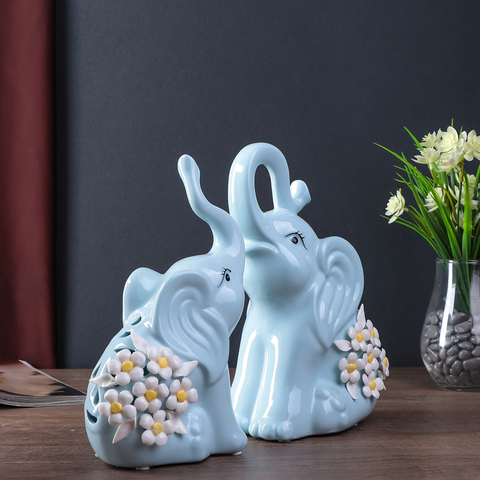 Сувенир керамика "Слоны с незабудками" голубой набор 2 шт 24,5х16х10,5 см 