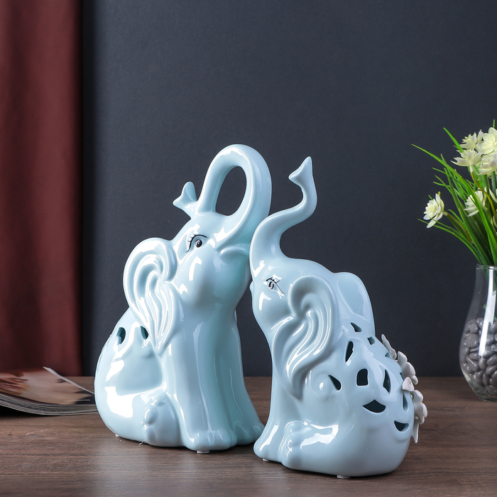 Сувенир керамика "Слоны с незабудками" голубой набор 2 шт 24,5х16х10,5 см 