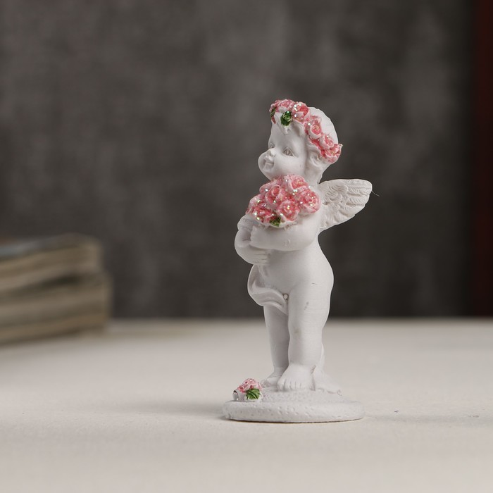 Сувенир полистоун "Белоснежный ангел в розовом веночке с розами" 6,5х2,5х2,8 см 