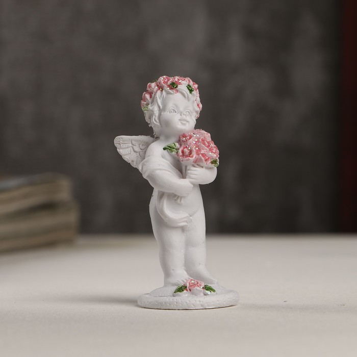 Сувенир полистоун "Белоснежный ангел в розовом веночке с розами" 6,5х2,5х2,8 см 