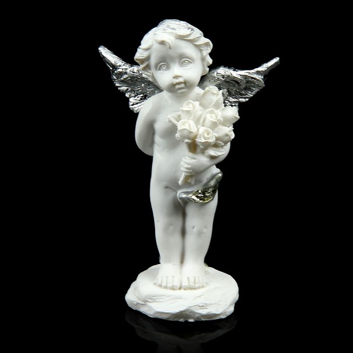 Сувенир "Ангелок с розами" с серебристыми крыльями, МИКС 