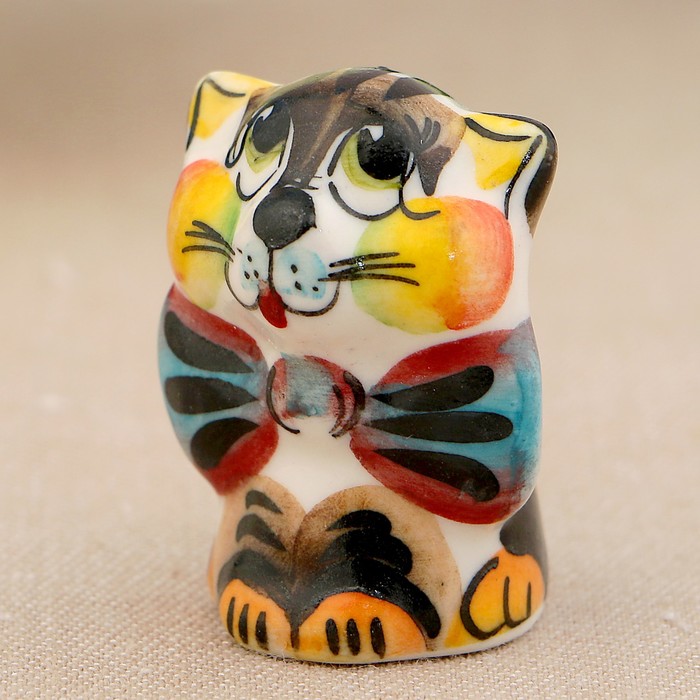Сувенир «Кот с бантом», 3 см, цвет, гжель 