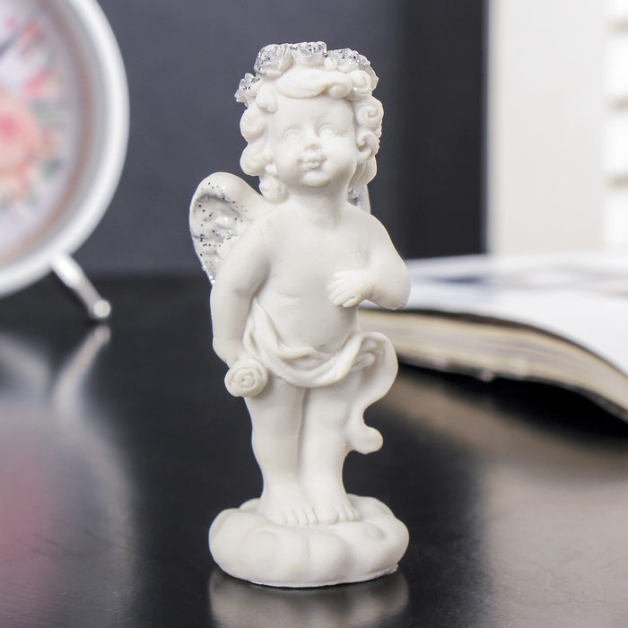 Сувенир полистоун "Белый ангел с серебристыми крыльями с сердцем/розой" МИКС 10х5,5х3,5 см 