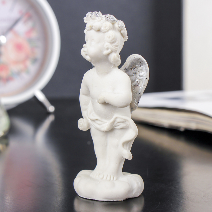 Сувенир полистоун "Белый ангел с серебристыми крыльями с сердцем/розой" МИКС 10х5,5х3,5 см 