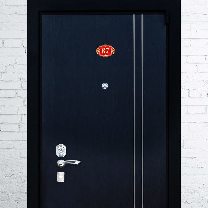 Дверной номер "87", красный фон, тиснение золотом 