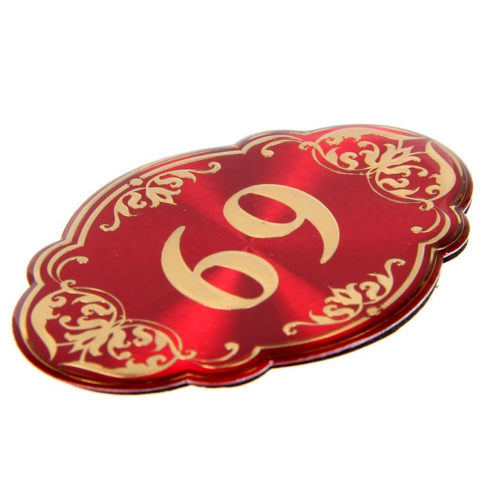 Дверной номер "69", красный фон, тиснение золотом 