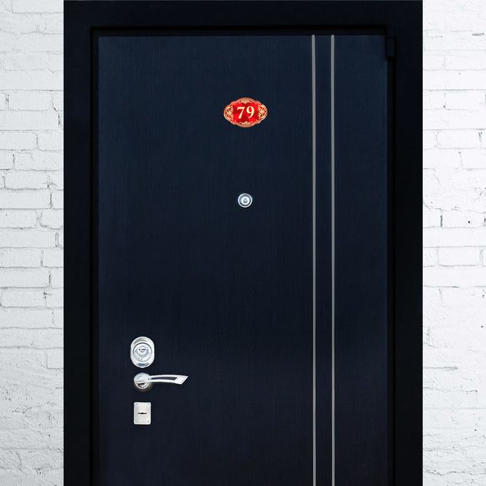 Дверной номер "79", красный фон, тиснение золотом 