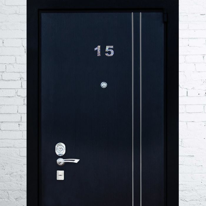 Дверная цифра "5", синий фон, тиснение золотом 