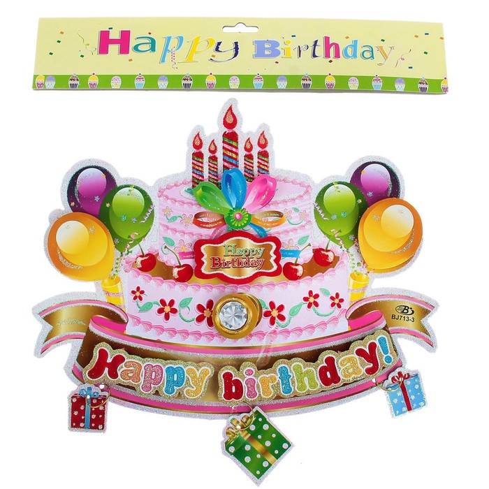 Плакат "С Днем Рождения", торт с шарами 