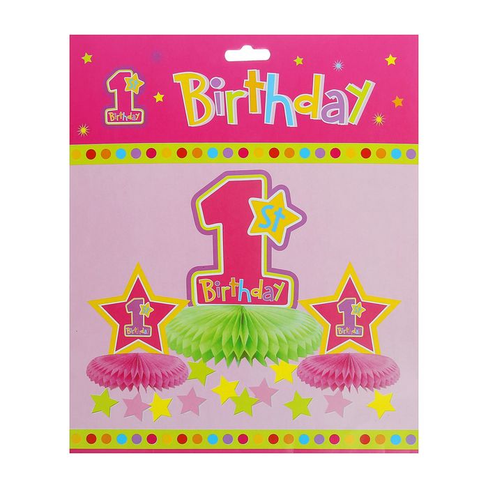 Бумажное украшение для стола "Мой первый день рождения", для девочки, набор 3 шт. + звёздочки 