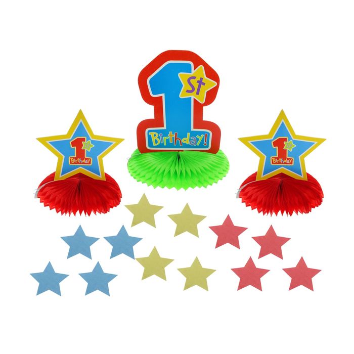 Бумажное украшение для стола "Мой первый день рождения", для мальчика, набор 3 шт. + звёздочки 