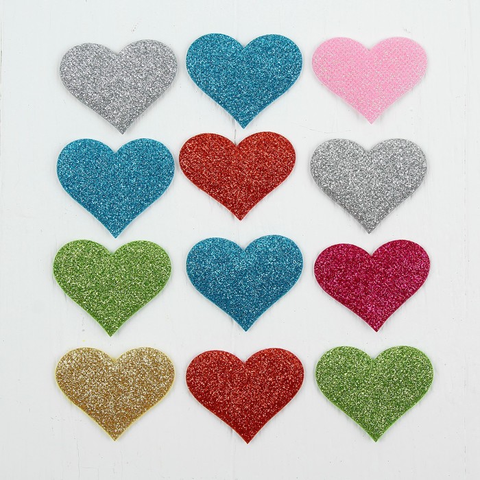 Сердечки декоративные, набор 12  шт, размер 1 шт 5*4  см, цвета МИКС 