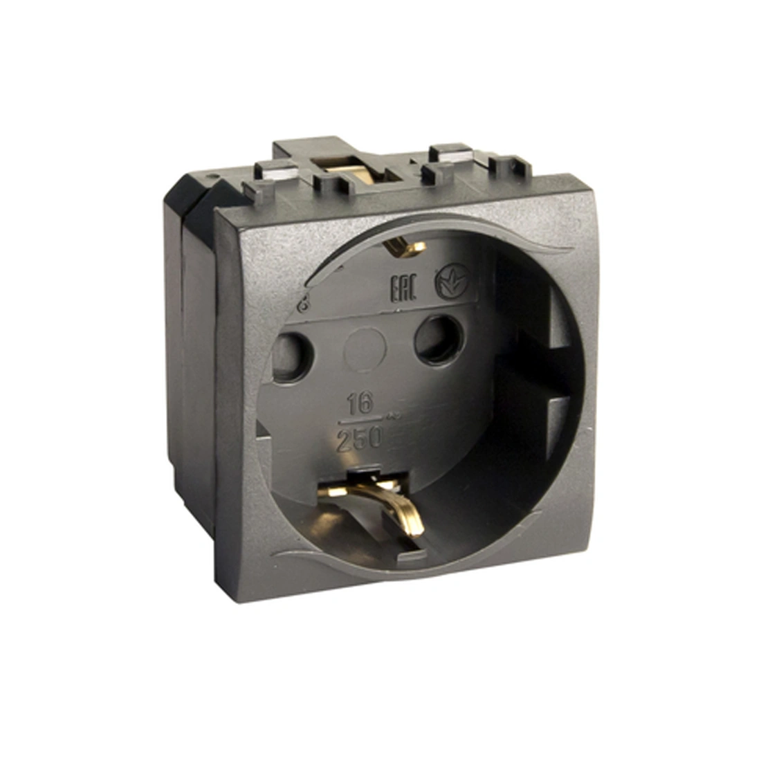 Электрическая розетка с заземлением DKC 77482N со шторками чёрная, 2мод. 