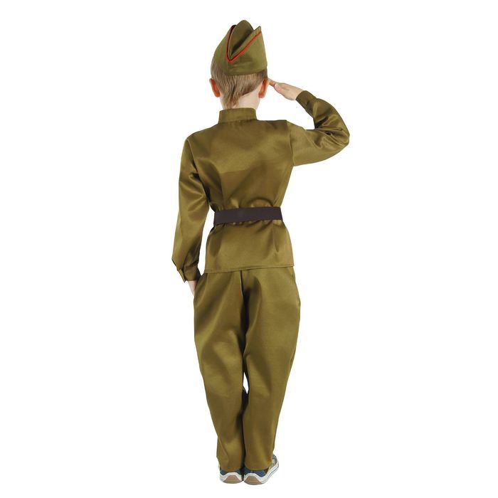 Детский карнавальный костюм "Военный", брюки, гимнастёрка, ремень, пилотка, р-р 30-32, рост 120-130 см 