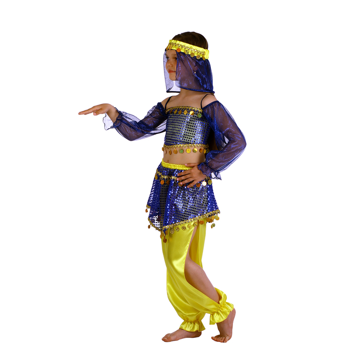 Карнавальный костюм "Восточная красавица. Шахерезада", топ с рукавами, штаны, повязка, цвет сине-жёлтый, р-р 34, рост 134 см 