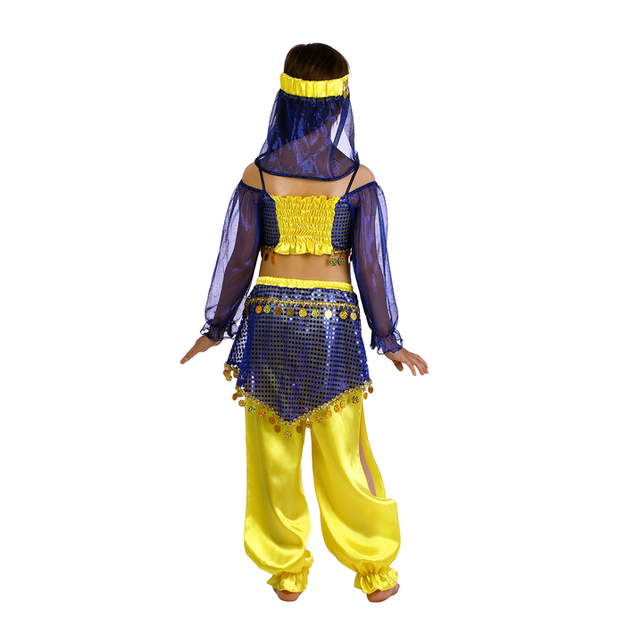 Карнавальный костюм "Восточная красавица. Шахерезада", топ с рукавами, штаны, повязка, цвет сине-жёлтый, р-р 34, рост 134 см 
