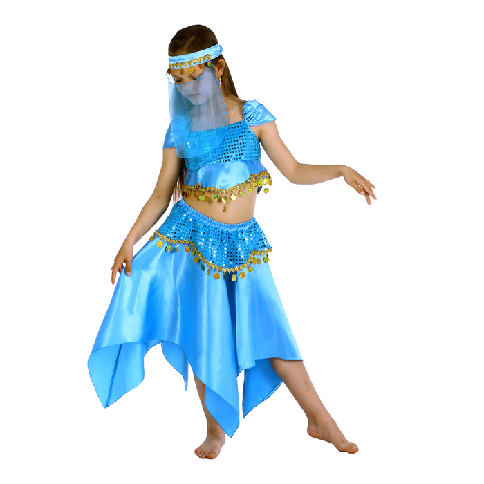 Карнавальный костюм "Восточная красавица. Лейла", повязка, топ, юбка, цвет голубой, р-р 34, рост 134 см 