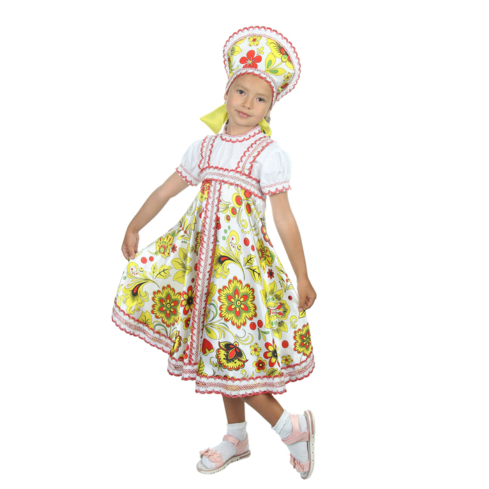 Русский народный костюм "Хохлома", платье, кокошник, цвет белый, р-р 36, рост 140 см 