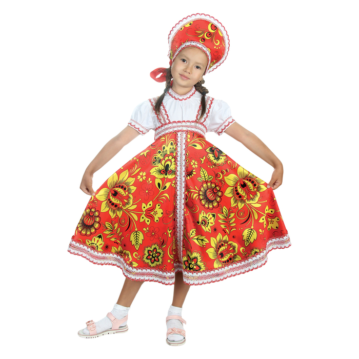 Русский народный костюм "Хохлома", платье, кокошник, цвет красный, р-р 32, рост 122-128 см 