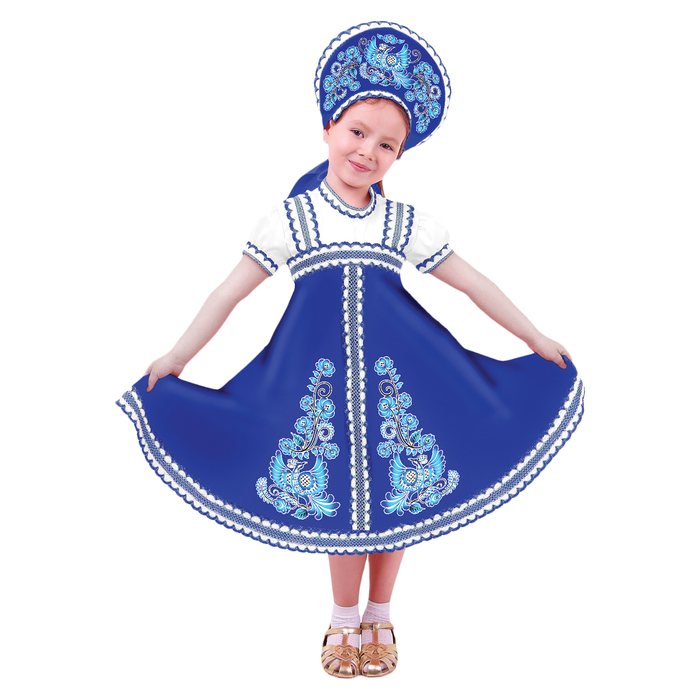 Карнавальный русский костюм "Птица Феникс", платье-сарафан, кокошник, цвет синий, р-р 32, рост 122-128 см 