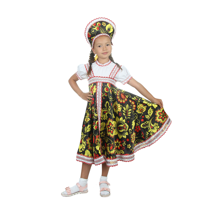 Русский народный костюм "Хохлома", платье, кокошник, цвет чёрный, р-р 34, рост 134 см 