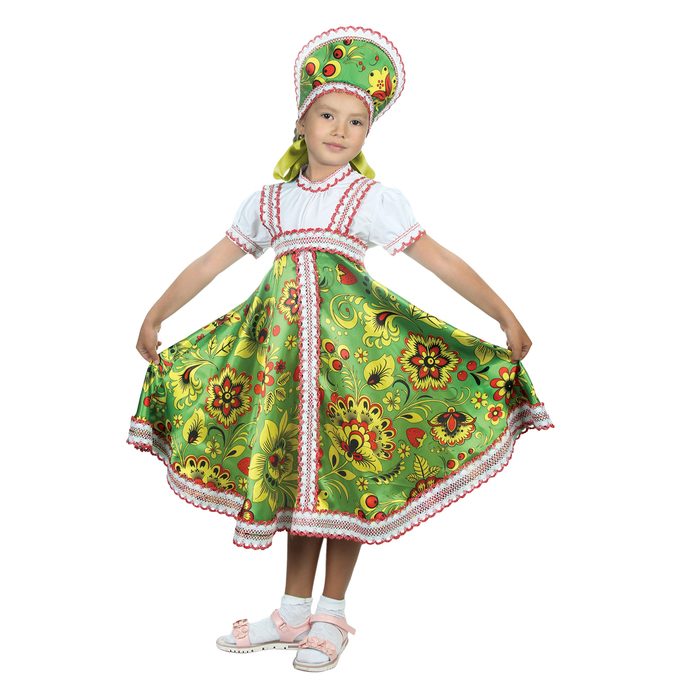 Русский народный костюм "Хохлома", платье, кокошник, цвет зелёный, р-р 34, рост 134 см 