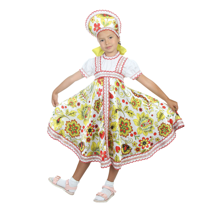 Русский народный костюм "Хохлома", платье, кокошник, цвет белый, р-р 32, рост 122-128 см 