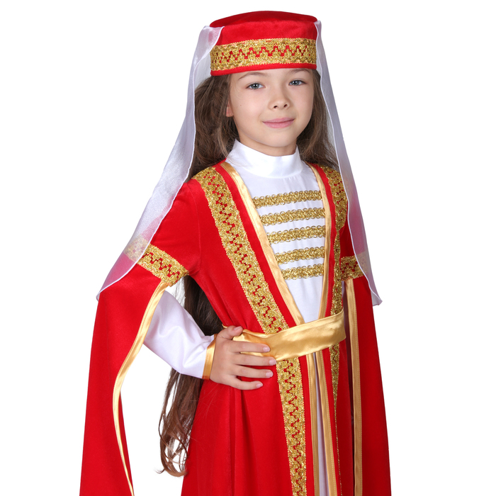 Карнавальный костюм для лезгинки, для девочки: головной убор, платье, р-р 38, рост 152 см, цвет красный 
