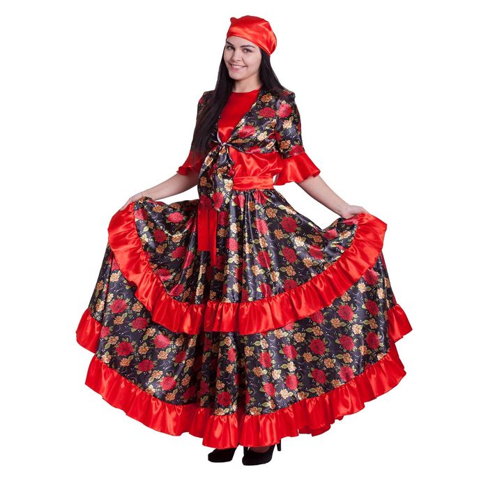 Карнавальный костюм "Цыганка", блузка, юбка, пояс, платок, парик, цвет красный, р-р 44-46, рост 164-170 см 