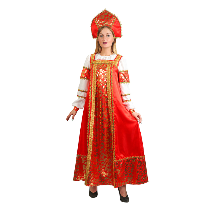 Русский народный костюм "Любавушка", платье, кокошник, атлас, р-р 42, рост 170 см 