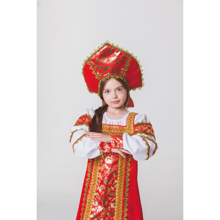 Русский народный костюм "Любавушка", платье-сарафан, кокошник, р-р 32, рост 122-128 см, цвет красный 