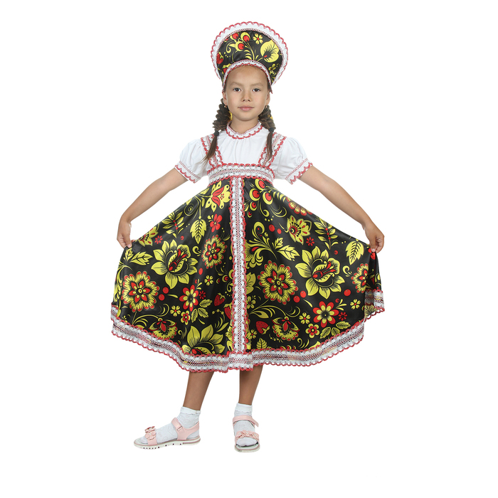 Русский народный костюм "Хохлома", платье, кокошник, цвет чёрный, р-р 30, рост 110-116 см 