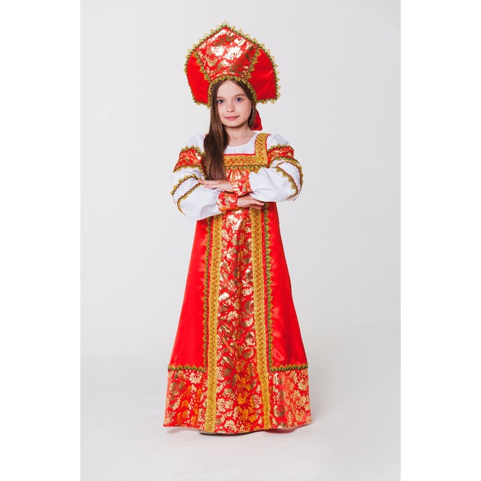 Русский народный костюм "Любавушка", платье-сарафан, кокошник, р-р 34, рост 134 см, цвет красный 
