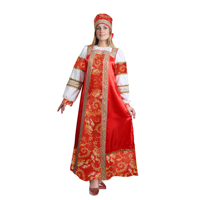 Русский народный костюм "Золотые узоры", платье, сорока, атлас, р-р 48, рост 172 см 
