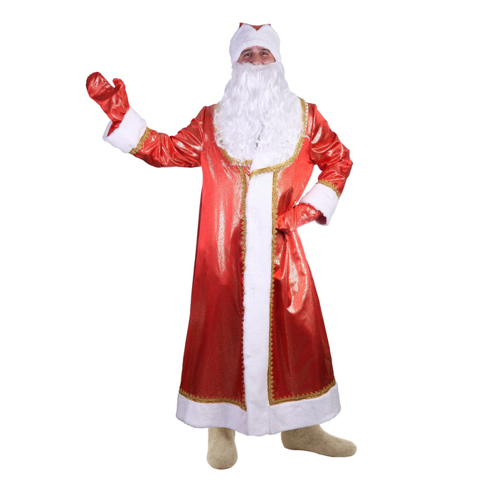 Карнавальный костюм Деда Мороза "Золотой завиток", атлас, шуба, шапка, пояс, варежки, борода, мешок, р-р 52-54, рост 176-182 см 