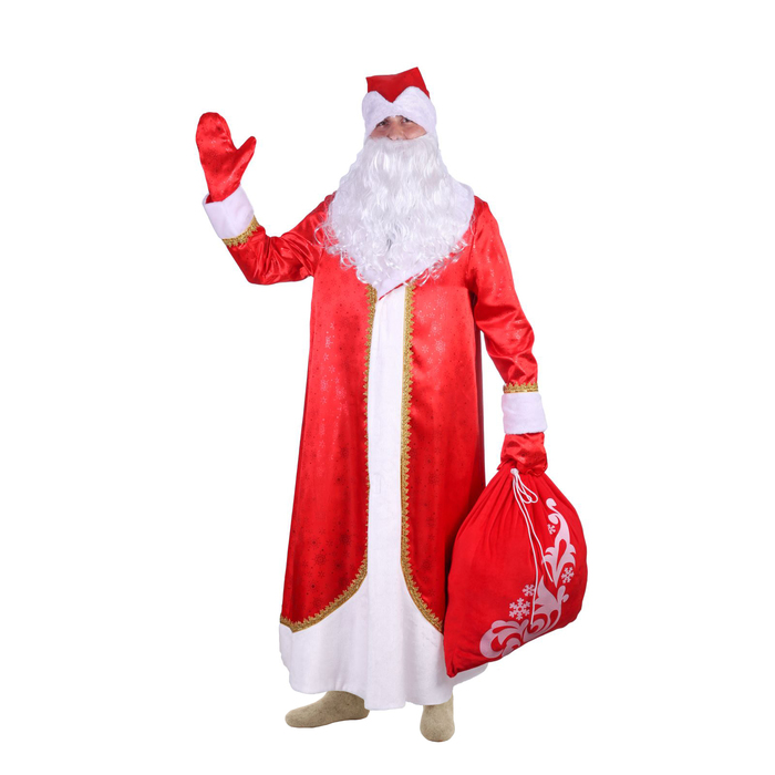 Карнавальный костюм "Дед Мороз искристый", атлас, шуба, шапка, варежки, борода, мешок, р-р 52-54 