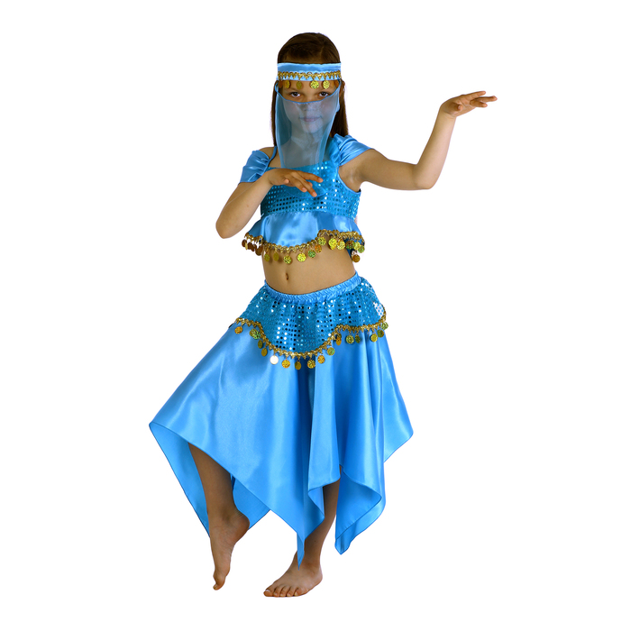 Карнавальный костюм "Восточная красавица. Лейла", повязка, топ, юбка, цвет голубой, р-р 32, рост 122-128 см 