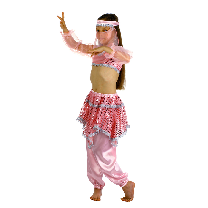 Карнавальный костюм "Ясмин", повязка, топ с рукавами, штаны, цвет розовый, р-р 32, рост 122-128 см 
