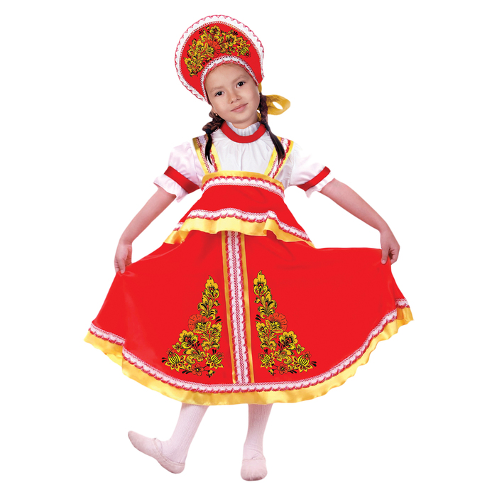 Карнавальный русский костюм "Хохлома, цветы", платье-сарафан, кокошник, цвет красный, р-р 34, рост 140 см 