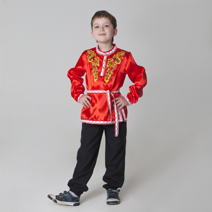 Карнавальная русская рубаха "Хохлома: цветы", атлас, цвет красный, р-р 36, рост 146 см 