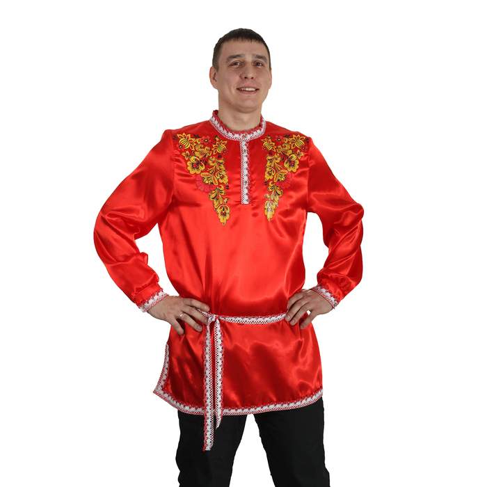 Рубаха русская мужская "Хохлома. Цветы", атлас, р-р 56-58, цвет красный 