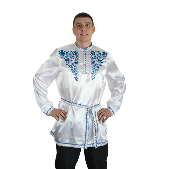 Рубаха русская мужская "Синие цветы", атлас, р-р 56-58, цвет белый 
